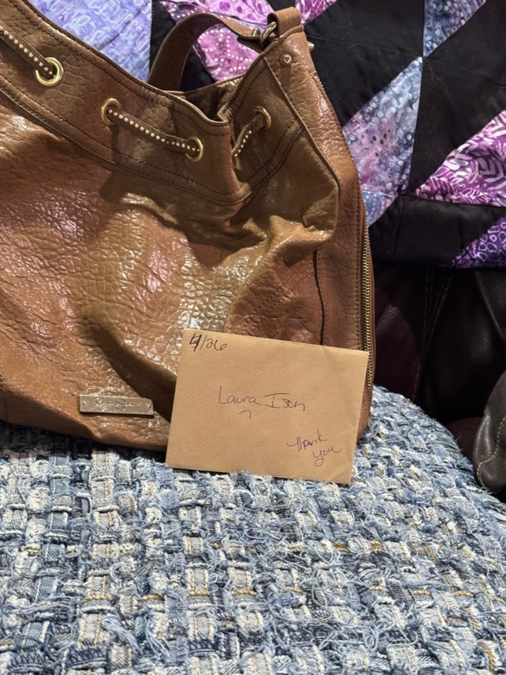 Jessica Simpson brown pebbled leather drawstring hobo Vintage
